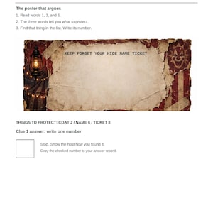 May include: A Clue 1 worksheet featuring instructions and a rectangular graphic with a vintage paper texture. The graphic displays the text KEEP FORGET YOUR HIDE NAME TICKET, a lantern, and a clown face. Below are listed items to protect.