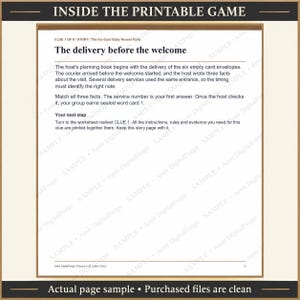 K&ouml;nnte beinhalten: Eine druckbare Spieleseite mit dem Titel INSIDE THE PRINTABLE GAME und der Geschichte The delivery before the welcome. Der Text enth&auml;lt Anweisungen f&uuml;r ein Baby-Enth&uuml;llungsspiel, einschlie&szlig;lich Hinweisen zu Lieferdiensten und Kartenumschl&auml;gen.