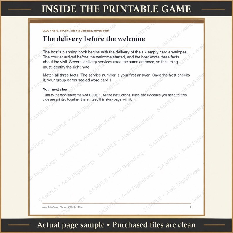 K&ouml;nnte beinhalten: Eine druckbare Spieleseite mit dem Titel INSIDE THE PRINTABLE GAME und der Geschichte The delivery before the welcome. Der Text enth&auml;lt Anweisungen f&uuml;r ein Baby-Enth&uuml;llungsspiel, einschlie&szlig;lich Hinweisen zu Lieferdiensten und Kartenumschl&auml;gen.