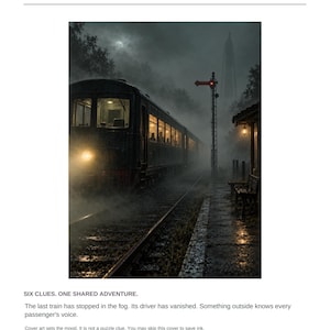 May include: A print-and-play adventure game titled Last Train from Blackthorn. The cover features a dark, foggy train station at night with a train stopped on the tracks, a red signal light, and the text: Six clues. One shared adventure.