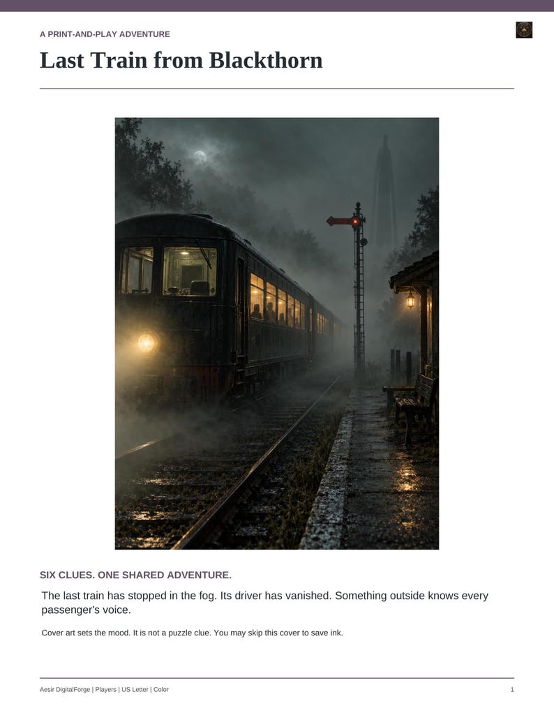 May include: A print-and-play adventure game titled Last Train from Blackthorn. The cover features a dark, foggy train station at night with a train stopped on the tracks, a red signal light, and the text: Six clues. One shared adventure.