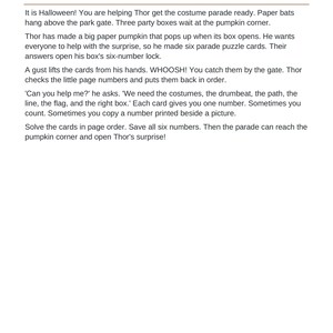 May include: A printed page titled READ TOGETHER Your story, featuring text about a Halloween costume parade, Thor, paper bats, a paper pumpkin, and six parade puzzle cards. The bottom footer includes the text Aesir DigitalForge | Players | US Letter | Color 4.