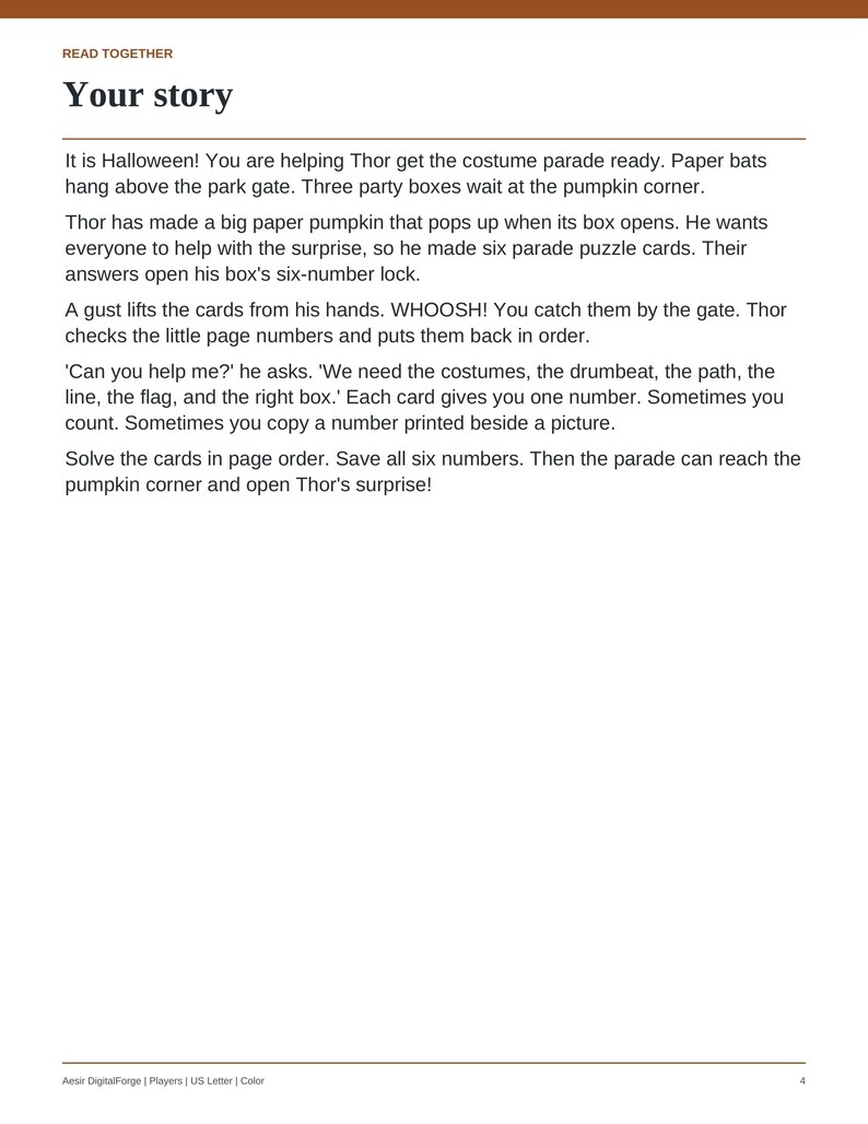 May include: A printed page titled READ TOGETHER Your story, featuring text about a Halloween costume parade, Thor, paper bats, a paper pumpkin, and six parade puzzle cards. The bottom footer includes the text Aesir DigitalForge | Players | US Letter | Color 4.