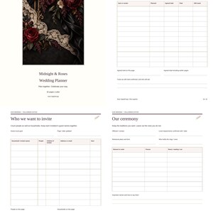 May include: A wedding planner titled Midnight & Roses featuring a cover with dark red roses, black fabric, and lace. The interior pages include templates for tracking wedding spending, guest lists, and ceremony details with organized tables.