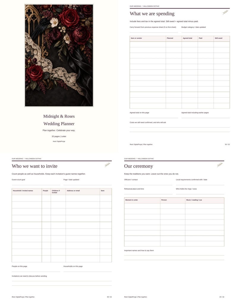 May include: A wedding planner titled Midnight & Roses featuring a cover with dark red roses, black fabric, and lace. The interior pages include templates for tracking wedding spending, guest lists, and ceremony details with organized tables.