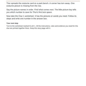 May include: A white page with black text titled CLUE 1 OF 6 / STORY / The Pumpkin Party Parade. The text asks Which costume comes next? and provides instructions for a game involving a costume card, a park bench, and a worksheet.