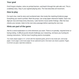 May include: A printed instruction page titled The House That Kept Halloween. The text outlines the goal, how to play, and hints for a tabletop story game. It includes sections on finding Freyja's shadow, solving six barriers, and game requirements.
