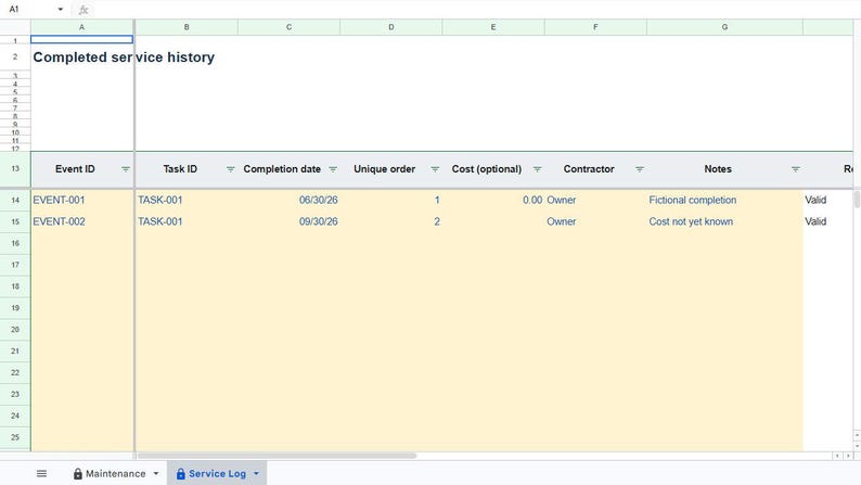 Puede incluir: Una hoja de c&aacute;lculo digital titulada Completed service history con columnas para Event ID, Task ID, Completion date, Unique order, Cost, Contractor y Notes. La tabla muestra dos filas de datos con los identificadores EVENT-001 y EVENT-002.