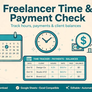 Puede incluir: Una plantilla digital titulada Freelancer Time & Payment Check con un calendario, reloj e icono de dólar. Debajo, una tabla registra fechas, clientes, horas, tarifas y saldos. El texto incluye: Instant Download, Google Sheets, Excel Compatible.