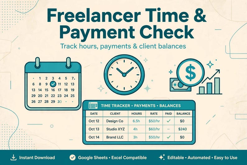 Pu&ograve; includere: Un modello digitale intitolato Freelancer Time & Payment Check con calendario, orologio e icona del dollaro. Sotto, una tabella traccia date, clienti, ore, tariffe e saldi. Il testo include: Instant Download, Google Sheets, Excel Compatible.