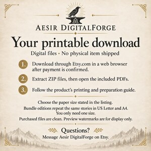 May include: A digital download instruction graphic for Aesir DigitalForge featuring a raven and anvil logo. The text outlines steps for downloading, extracting ZIP files, opening PDFs, and printing, noting that files are clean and watermark-free.