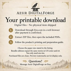 Puede incluir: Un gr&aacute;fico de instrucciones de descarga digital para Aesir DigitalForge con un logotipo de cuervo y yunque. El texto detalla los pasos para descargar, extraer archivos ZIP, abrir archivos PDF e imprimir los documentos.