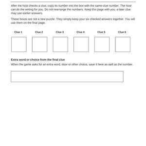 May include: A white paper answer record sheet with the heading Keep this beside you while you play Your answer record. It includes instructions, six numbered boxes for clues 1 through 6, and a rectangular field for an extra word or choice.