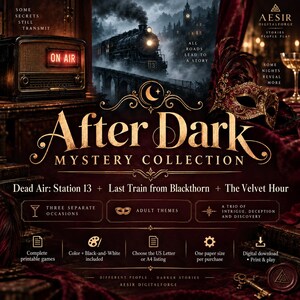 May include: A digital game collection titled After Dark Mystery Collection featuring a vintage radio with an ON AIR sign, a steam train, and a masquerade mask. Text includes Dead Air: Station 13, Last Train from Blackthorn, and The Velvet Hour.