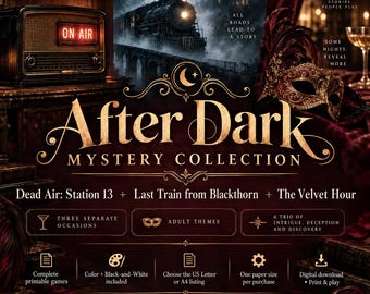 May include: A digital game collection titled After Dark Mystery Collection featuring a vintage radio with an ON AIR sign, a steam train, and a masquerade mask. Text includes Dead Air: Station 13, Last Train from Blackthorn, and The Velvet Hour.