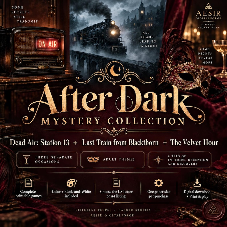 May include: A digital game collection titled After Dark Mystery Collection featuring a vintage radio with an ON AIR sign, a steam train, and a masquerade mask. Text includes Dead Air: Station 13, Last Train from Blackthorn, and The Velvet Hour.