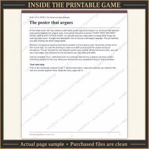 May include: A white printable game page titled The poster that argues, featuring black text on a light background. The content includes a story about a fairground, instructions for a clue, and a footer with the text Aesir DigitalForge.