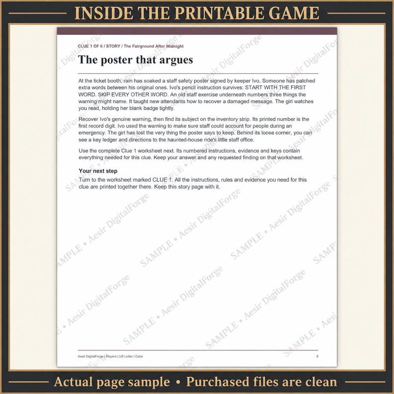 May include: A white printable game page titled The poster that argues, featuring black text on a light background. The content includes a story about a fairground, instructions for a clue, and a footer with the text Aesir DigitalForge.