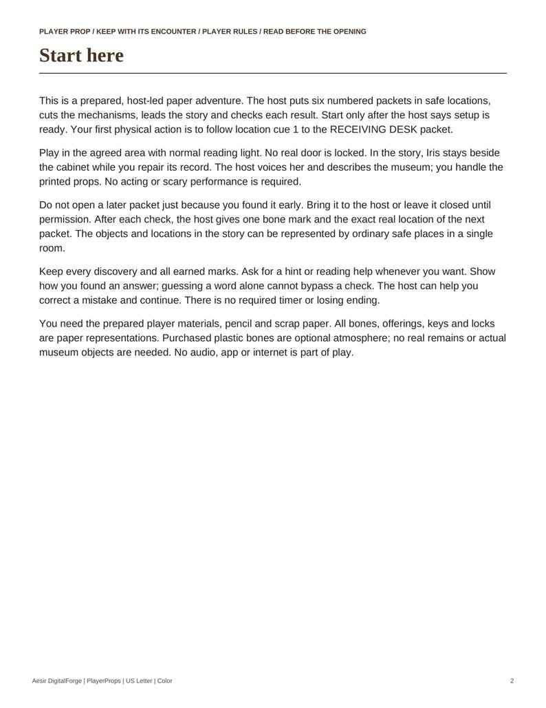 May include: A white document titled Start here, containing player rules for a host-led paper adventure. The text outlines instructions for using six numbered packets, following location cues, and managing game materials like pencils and paper.