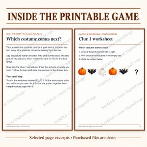 May include: Two printable game pages titled INSIDE THE PRINTABLE GAME. The left page features the story The Pumpkin Party Parade and the question Which costume comes next? The right page shows a Clue 1 worksheet with a sequence of pumpkin, bat, and ghost icons ending in a question mark.