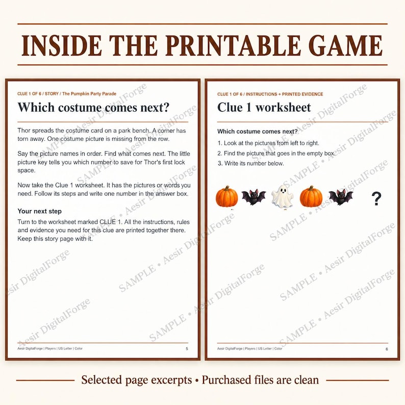 May include: Two printable game pages titled INSIDE THE PRINTABLE GAME. The left page features the story The Pumpkin Party Parade and the question Which costume comes next? The right page shows a Clue 1 worksheet with a sequence of pumpkin, bat, and ghost icons ending in a question mark.