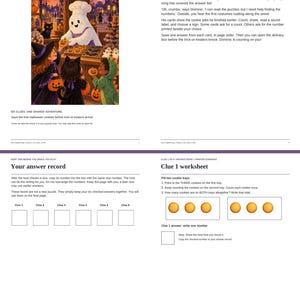 May include: A print-and-play adventure game titled The Midnight Sweet Shop featuring a ghost baker in a floury apron, three children in Halloween costumes, and various cookies. Includes story text, an answer record, and a Clue 1 worksheet.