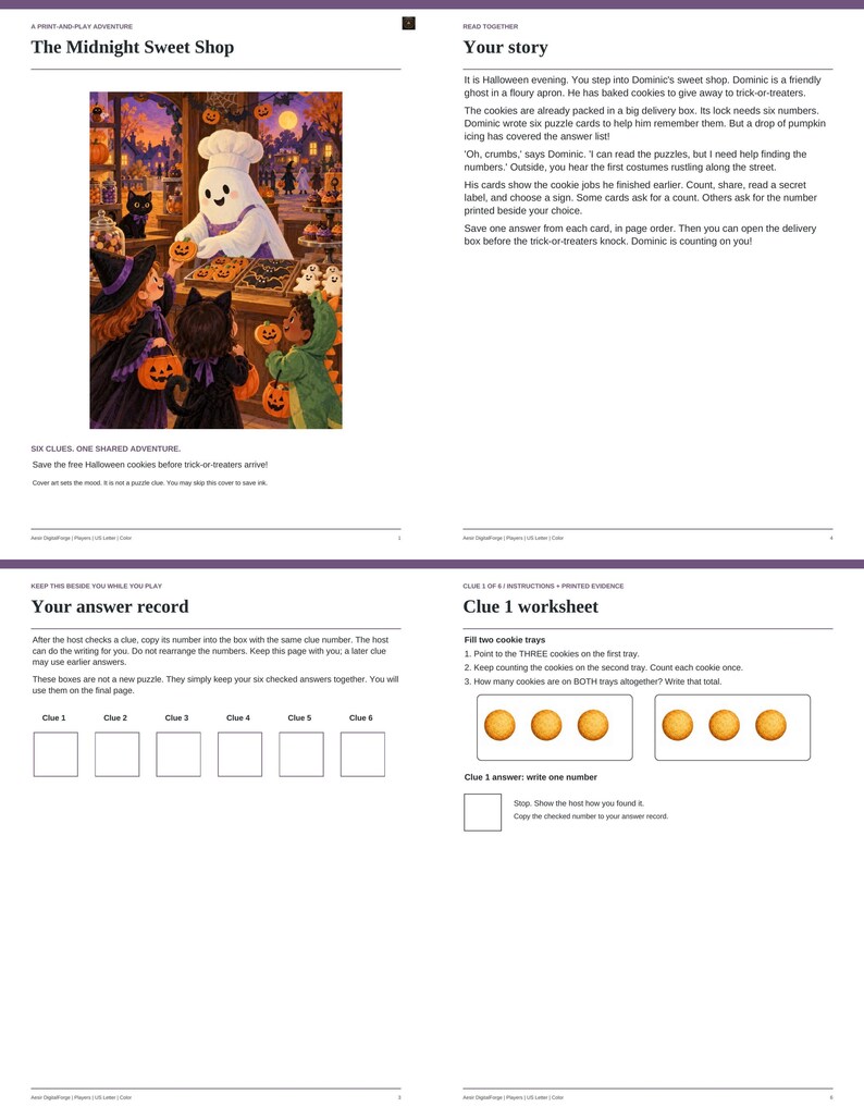 May include: A print-and-play adventure game titled The Midnight Sweet Shop featuring a ghost baker in a floury apron, three children in Halloween costumes, and various cookies. Includes story text, an answer record, and a Clue 1 worksheet.