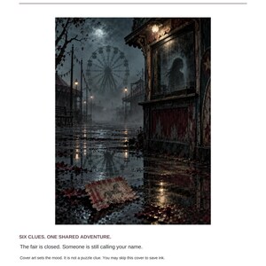 May include: A print-and-play adventure titled The Fairground After Midnight. The page features a dark, atmospheric illustration of a closed fairground with a ferris wheel, a weathered booth, and a small, rectangular card with a horse graphic.