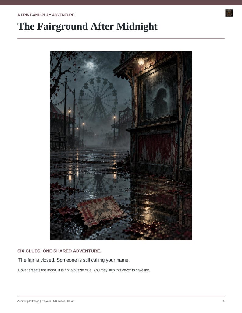 May include: A print-and-play adventure titled The Fairground After Midnight. The page features a dark, atmospheric illustration of a closed fairground with a ferris wheel, a weathered booth, and a small, rectangular card with a horse graphic.