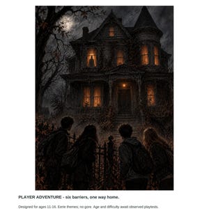 May include: A print-and-play shadow mystery titled The House That Kept Halloween. It features a dark, multi-story Victorian house with glowing windows and four figures standing before a gate. Text includes Player Adventure - six barriers, one way home.