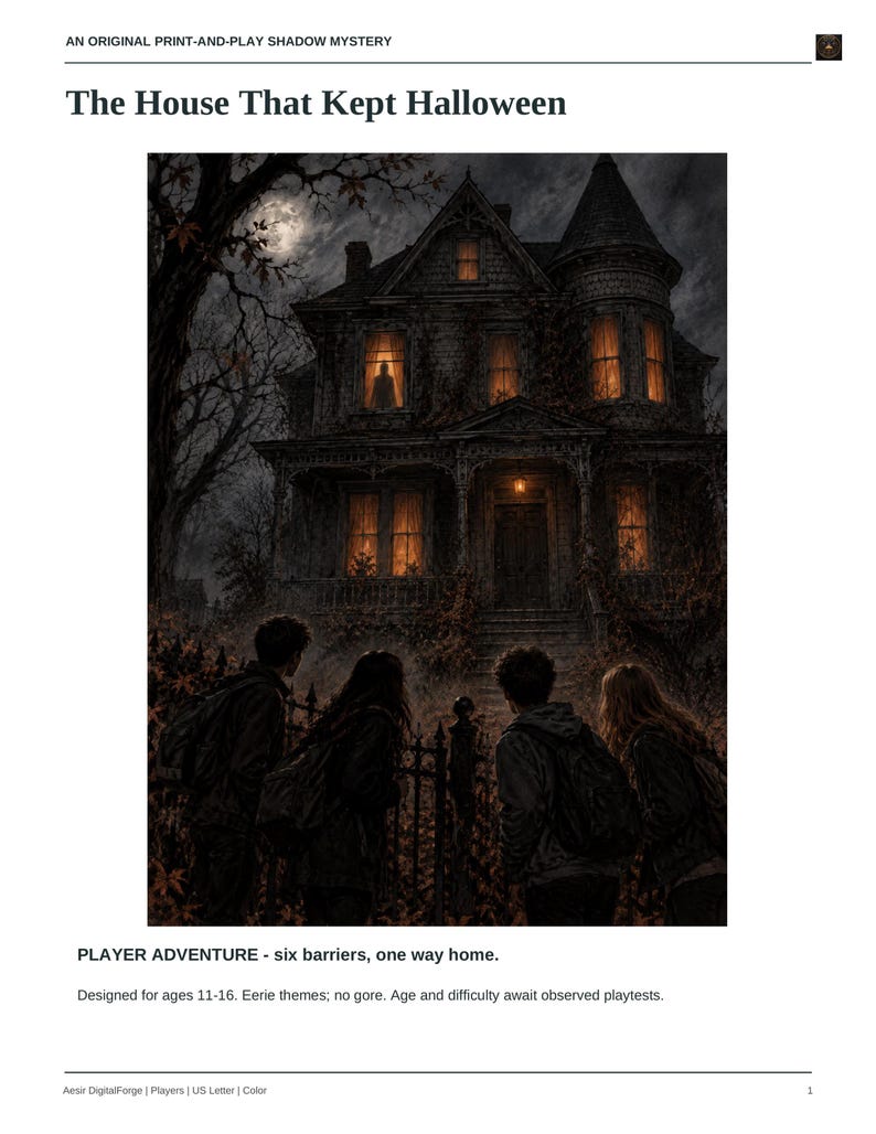 May include: A print-and-play shadow mystery titled The House That Kept Halloween. It features a dark, multi-story Victorian house with glowing windows and four figures standing before a gate. Text includes Player Adventure - six barriers, one way home.