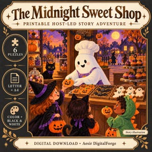May include: A printable story adventure titled The Midnight Sweet Shop featuring a ghost baker serving pumpkin and ghost-shaped cookies to children in costumes. Includes 6 puzzles, letter and A4 formats, and color or black and white options.