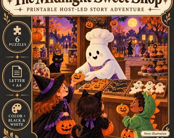 May include: A printable story adventure titled The Midnight Sweet Shop featuring a ghost baker serving pumpkin and ghost-shaped cookies to children in costumes. Includes 6 puzzles, letter and A4 formats, and color or black and white options.