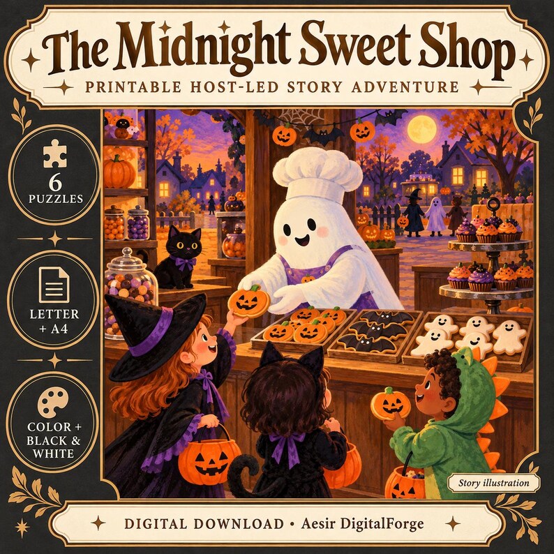 May include: A printable story adventure titled The Midnight Sweet Shop featuring a ghost baker serving pumpkin and ghost-shaped cookies to children in costumes. Includes 6 puzzles, letter and A4 formats, and color or black and white options.