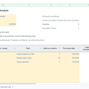 Puede incluir: Una hoja de c&aacute;lculo digital titulada Home maintenance schedule con columnas para Task ID, Area, Task, Interval months, First due date, Latest completion y Responsible person. Enumera tareas como Inspect appliance filter y Review door seals.