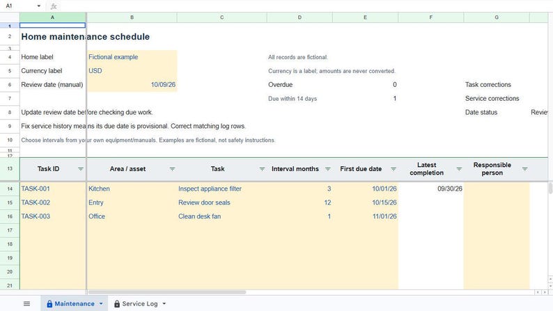 Puede incluir: Una hoja de c&aacute;lculo digital titulada Home maintenance schedule con columnas para Task ID, Area, Task, Interval months, First due date, Latest completion y Responsible person. Enumera tareas como Inspect appliance filter y Review door seals.