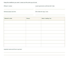 May include: A white wedding ceremony planning sheet with the text Our Wedding / Christmas Evergreen and Our ceremony. It includes fields for officiant, rehearsal details, and a table for order of events, music, and cues, plus name notes.