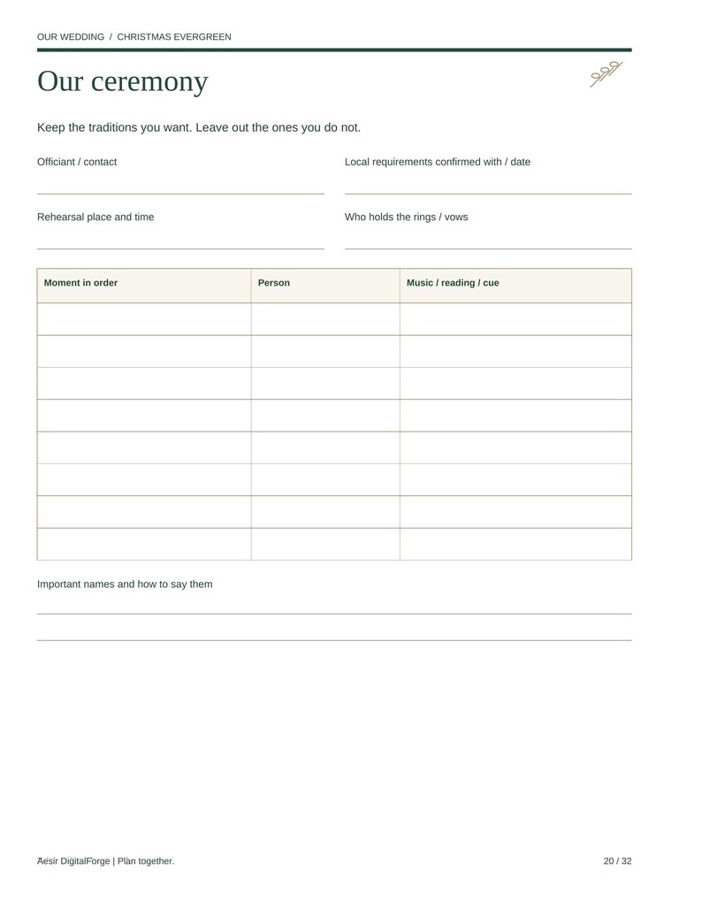 May include: A white wedding ceremony planning sheet with the text Our Wedding / Christmas Evergreen and Our ceremony. It includes fields for officiant, rehearsal details, and a table for order of events, music, and cues, plus name notes.