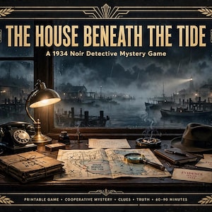 Puede incluir: Una caja de juego titulada The House Beneath The Tide, A 1934 Noir Detective Mystery Game. La imagen muestra un escritorio con un teléfono de disco, lámpara, lupa, mapa, sombrero fedora y tarjetas de evidencia frente a un puerto oscuro y lluvioso.