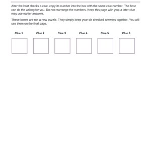 May include: A white paper answer record sheet with black text titled Your answer record. It includes instructions for a game and six empty square boxes labeled Clue 1 through Clue 6. The bottom footer reads Aesir DigitalForge | Players | US Letter | Color.