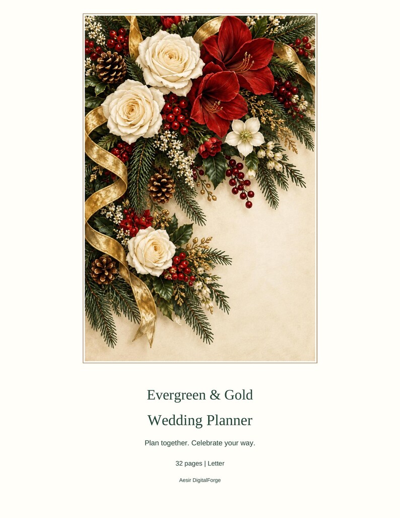 May include: A wedding planner titled Evergreen & Gold Wedding Planner, Plan together. Celebrate your way. 32 pages | Letter, Aesir DigitalForge. The cover features white roses, red amaryllis, pine branches, pinecones, red berries, and gold ribbon.