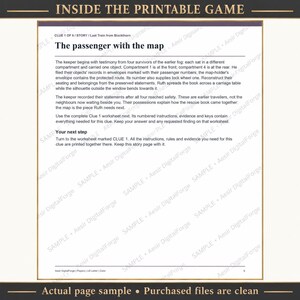 May include: A printable game story page titled The passenger with the map, featuring text about survivors, compartments, and clues for a mystery game. The document includes instructions for Clue 1 and a section labeled Your next step.