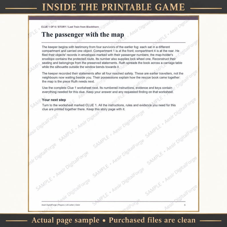 May include: A printable game story page titled The passenger with the map, featuring text about survivors, compartments, and clues for a mystery game. The document includes instructions for Clue 1 and a section labeled Your next step.