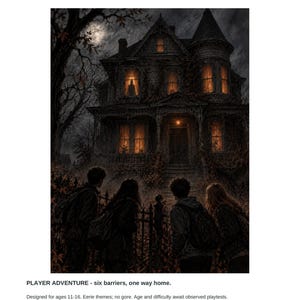 May include: A print-and-play shadow mystery titled The House That Kept Halloween. The image shows four people standing before a dark, multi-story house with glowing windows under a full moon. Text includes Player Adventure - six barriers, one way home.