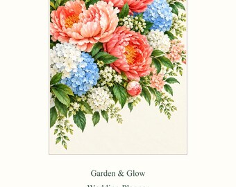 May include: A wedding planner titled Garden & Glow Wedding Planner, Plan together. Celebrate your way. 32 pages | Letter, Aesir DigitalForge. The cover features a vibrant floral arrangement of coral peonies, blue hydrangeas, and white blossoms.