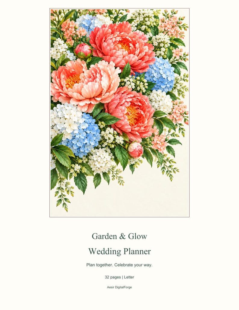 May include: A wedding planner titled Garden & Glow Wedding Planner, Plan together. Celebrate your way. 32 pages | Letter, Aesir DigitalForge. The cover features a vibrant floral arrangement of coral peonies, blue hydrangeas, and white blossoms.