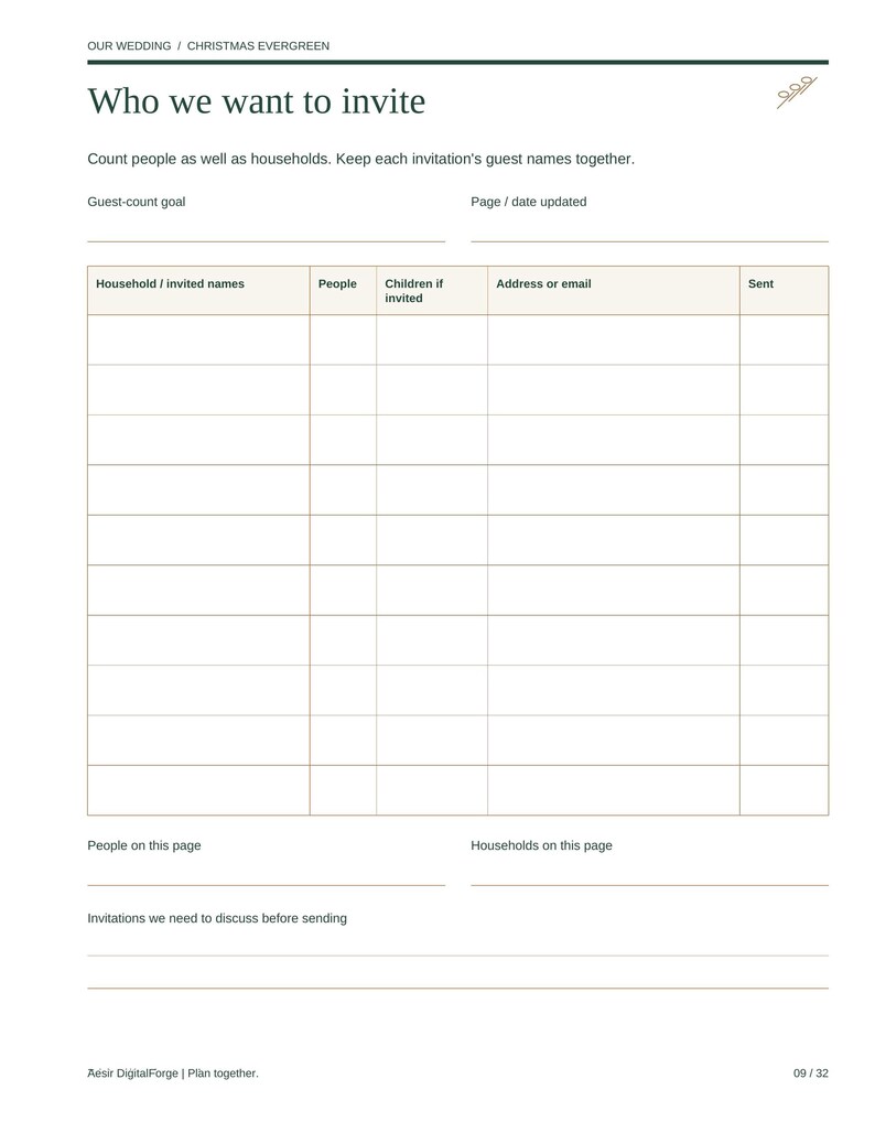 May include: A white wedding guest list planner page with the heading Who we want to invite. It features a table with columns for Household or invited names, People, Children if invited, Address or email, and Sent. Includes footer text Aesir DigitalForge.