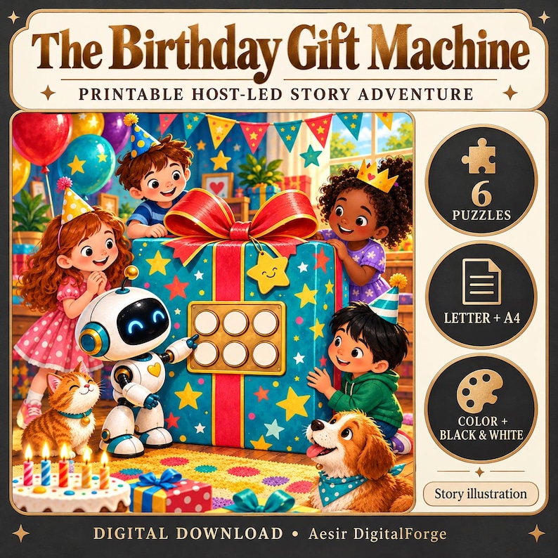 以下が含まれることがあります： The Birthday Gift Machine printable host-led story adventureは、星柄の大きな青いギフトボックス、ロボット、子供たち、猫、犬が描かれています。サイドパネルには、6つのパズル、LetterおよびA4サイズ、カラーまたは白黒のオプションが記載されています。