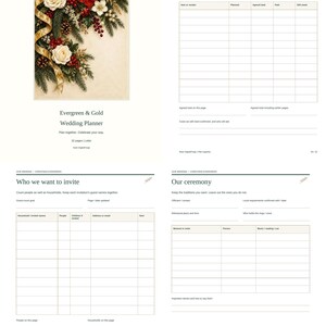 May include: A wedding planner document titled Evergreen & Gold Wedding Planner featuring a cover with white roses, red flowers, pine branches, and gold ribbon, plus interior pages for tracking wedding expenses, guest lists, and ceremony details.