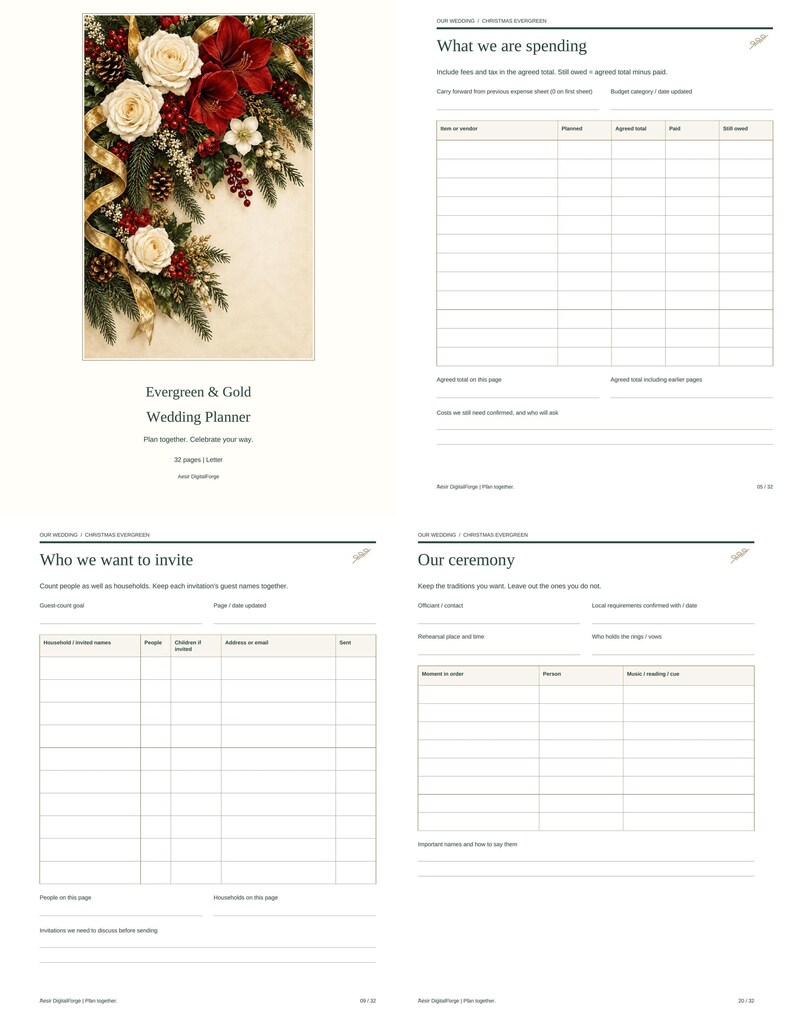 May include: A wedding planner document titled Evergreen & Gold Wedding Planner featuring a cover with white roses, red flowers, pine branches, and gold ribbon, plus interior pages for tracking wedding expenses, guest lists, and ceremony details.